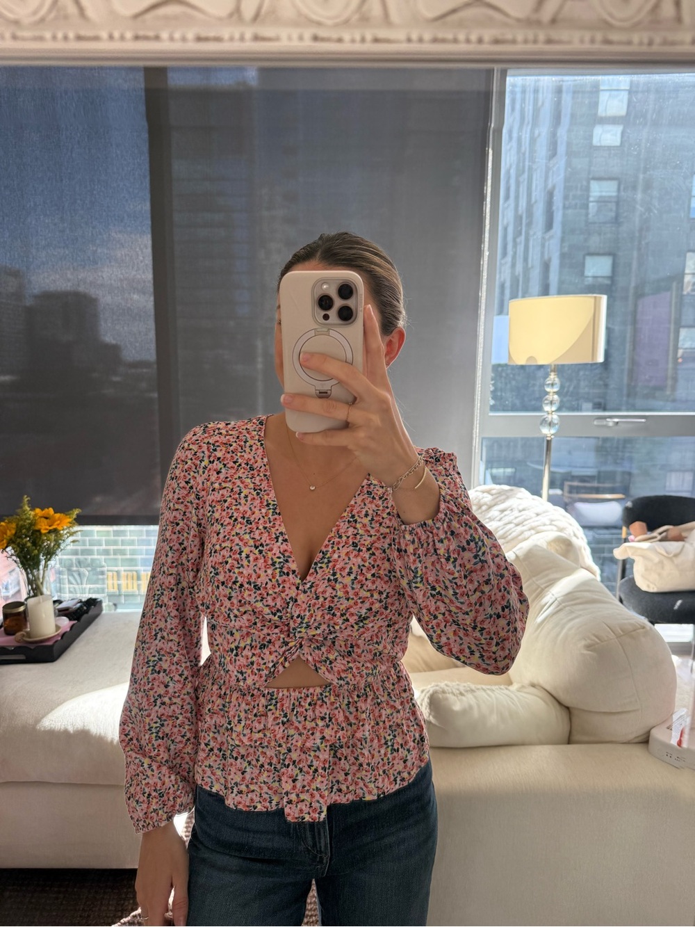 Unlisted Pink Floral Twist-Front V-Neck Blouse